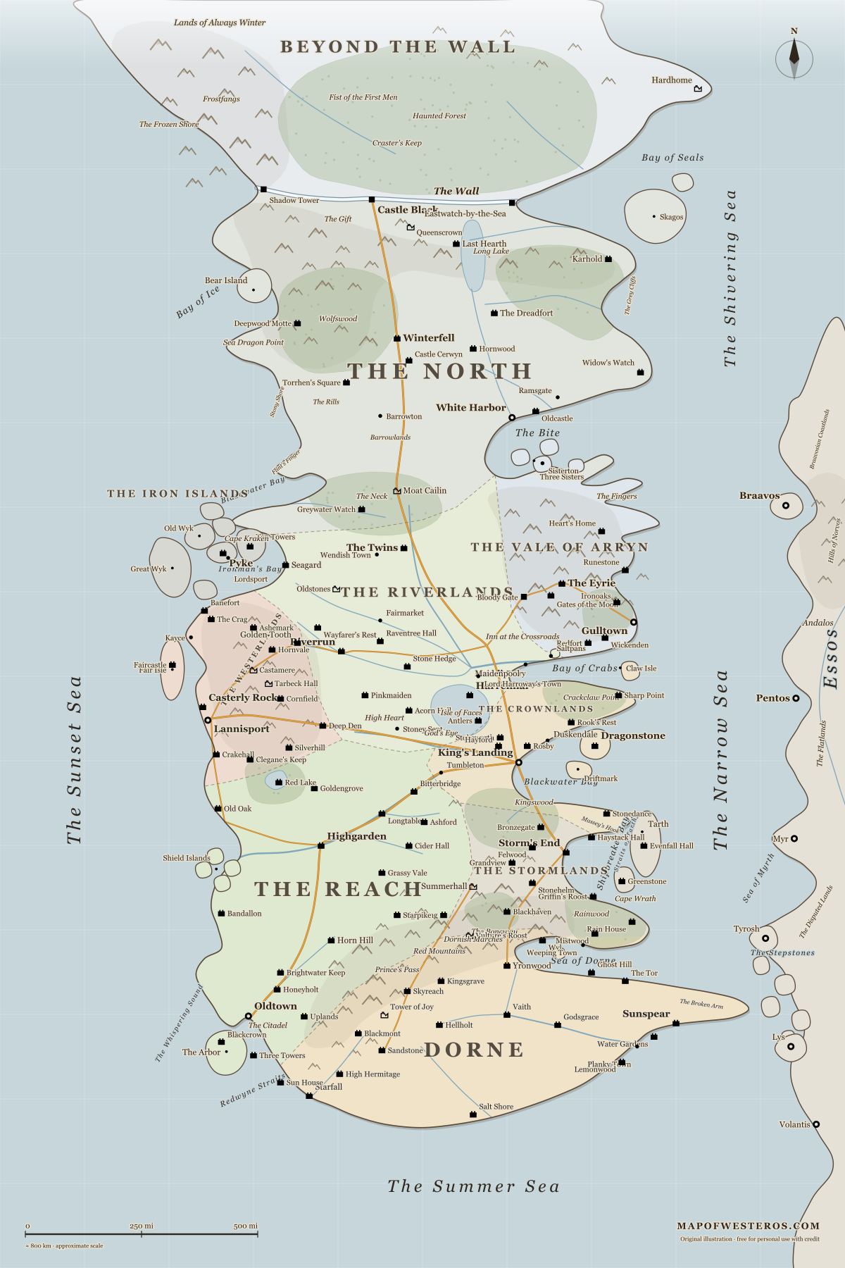 High resolution map of Westeros poster preview showing the Wall, the nine regions, the Kingsroad and the seats of the Great Houses